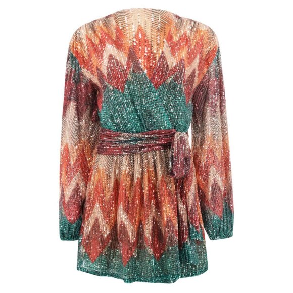 RAMY BROOK MICHAELA MULTI CHEVRON SEQUIN TIE FRONT LONG SLEEVE MINI DRESS SIZE M - Picture 7 of 7